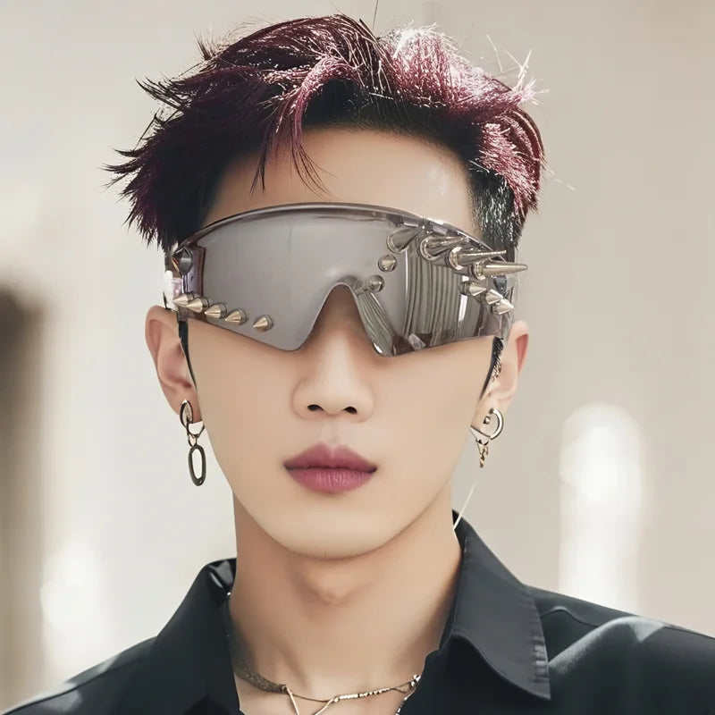 Rivet-Decor Resin Shield Sunglasses — Silver | KIMLUD