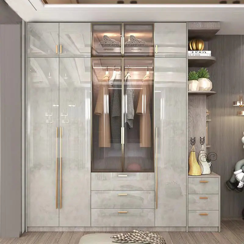 Glass Door Modern Wardrobe With Ample Storage And Brass Hardware — Pale Gray | KIMLUD