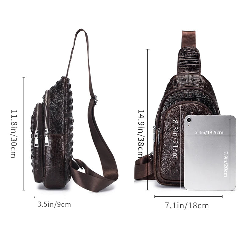 Genuine Leather Crossbody Bag Vintage Crocodile Pattern — Cognac | KIMLUD