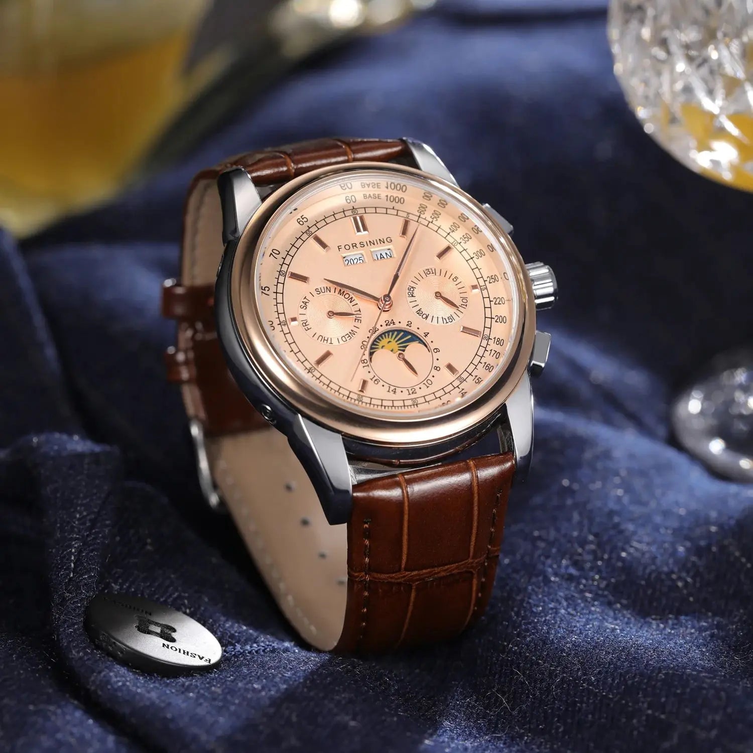 Leather Moon Phase Automatic Watch — Rose Gold | KIMLUD
