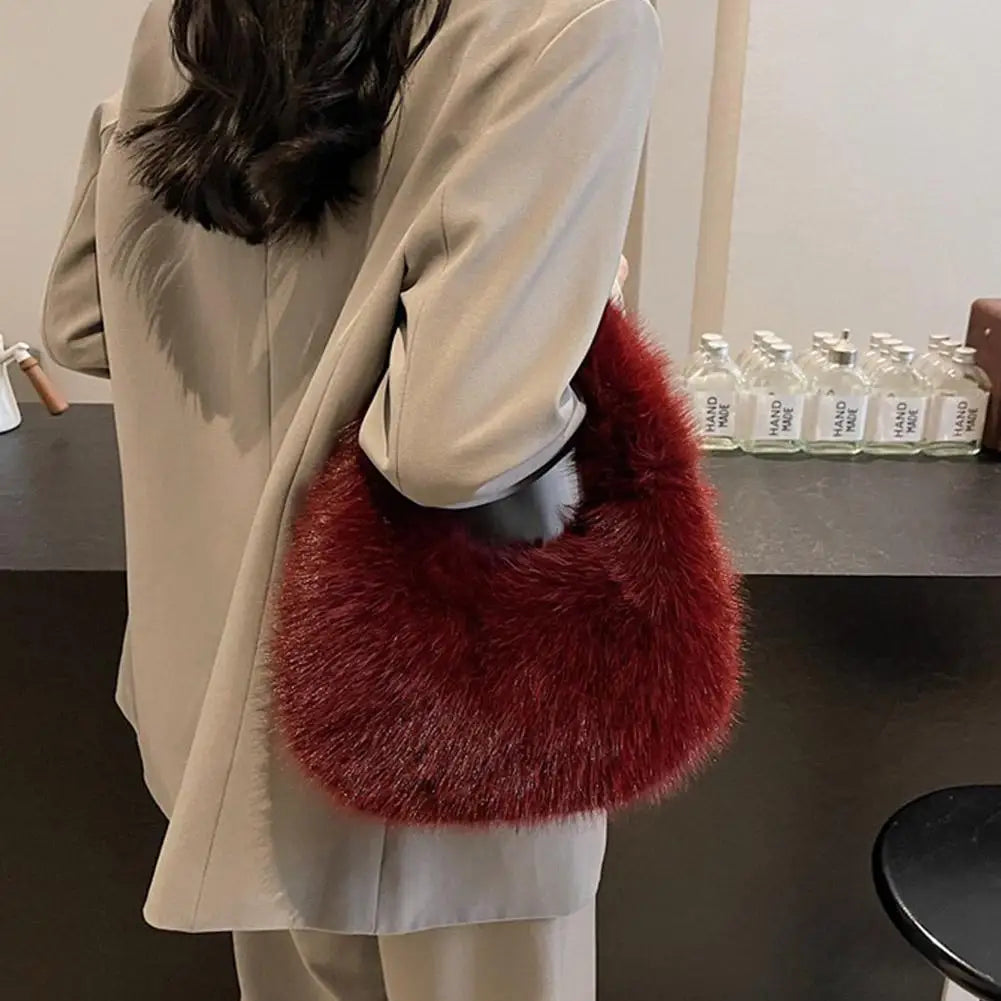 Winter Shoulder Bags Casual Furry for Women Solid Color Soft Plush Ladies Clutch Purse Handbags Lightweight Female Hobos Bag