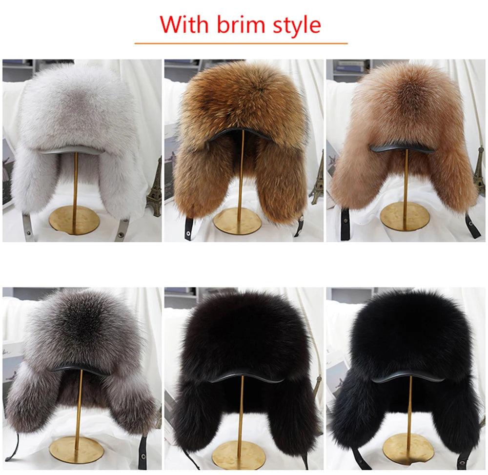 New Winter Men's 100% Real Silver Fox Fur Bomber Hat Raccoon Fur Ushanka Cap Trapper Russian Man Ski Hats Caps Real Leather