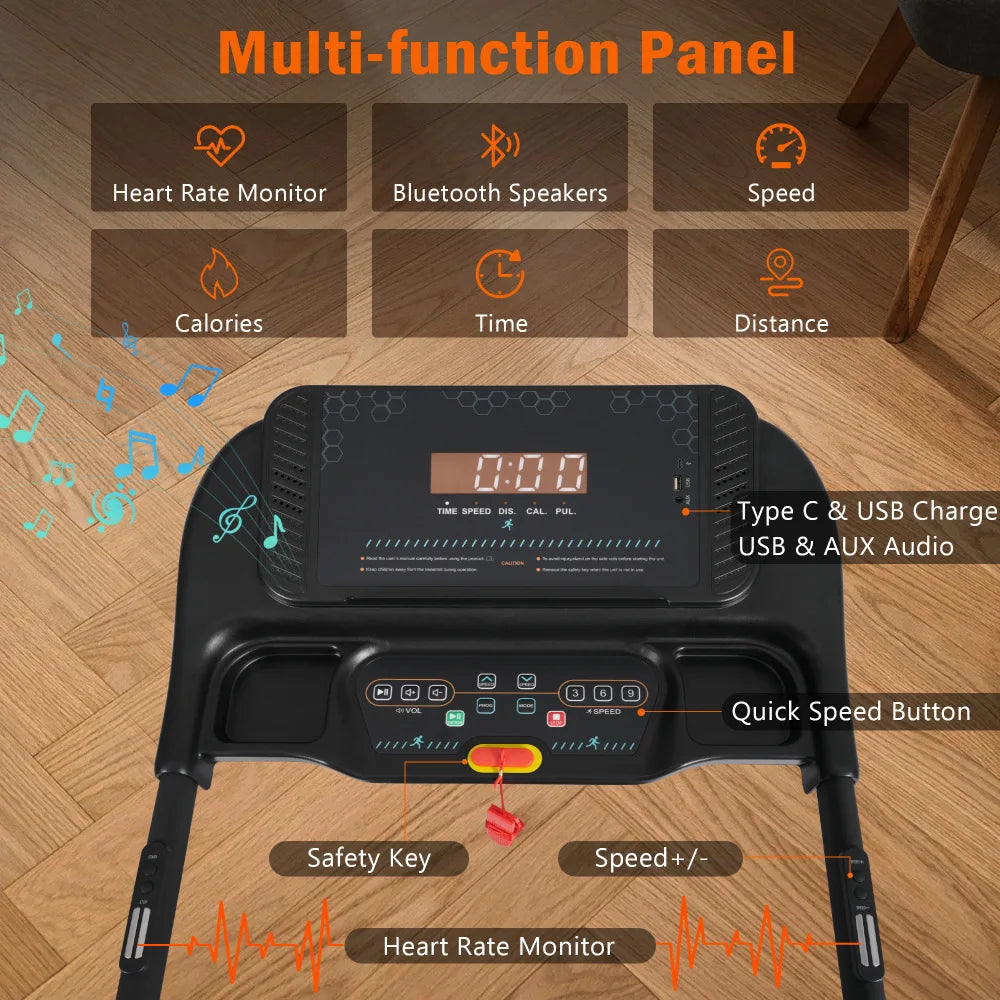 Foldable Incline Treadmill 3.0HP 350lbs Capacity Auto-Folding 10MPH Bluetooth USB/Type-C Charging Sports Equipment for Home Use
