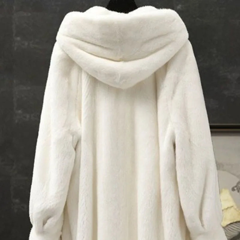 Mid-Length Hooded Luxe Faux Fur Coat — Black | KIMLUD