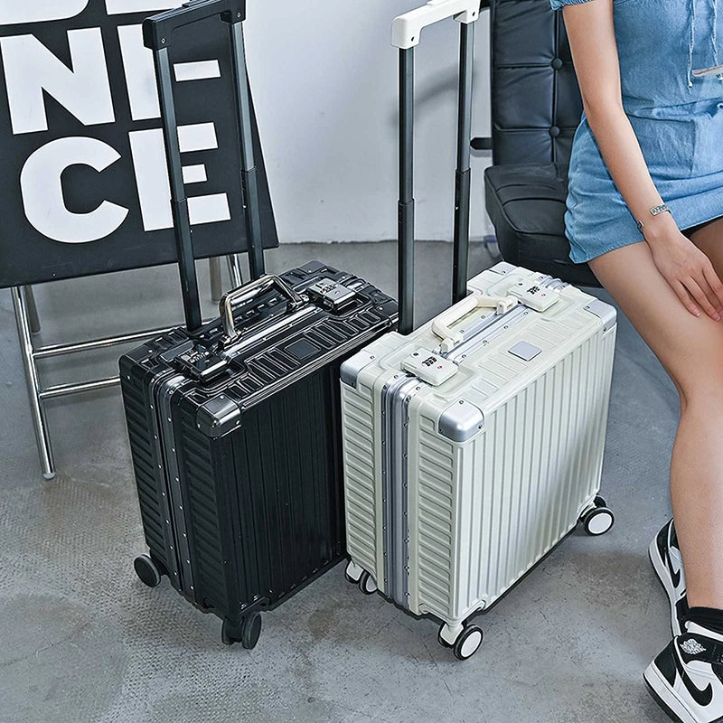 Aluminum Frame Carry-On Suitcase Sturdy PC Trolley Case — Black | KIMLUD