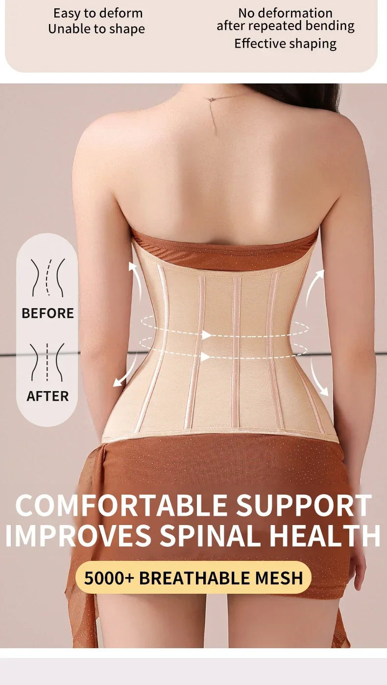 U-Shaped Waist Trainer Corset Steel Boned — Light Pink | KIMLUD