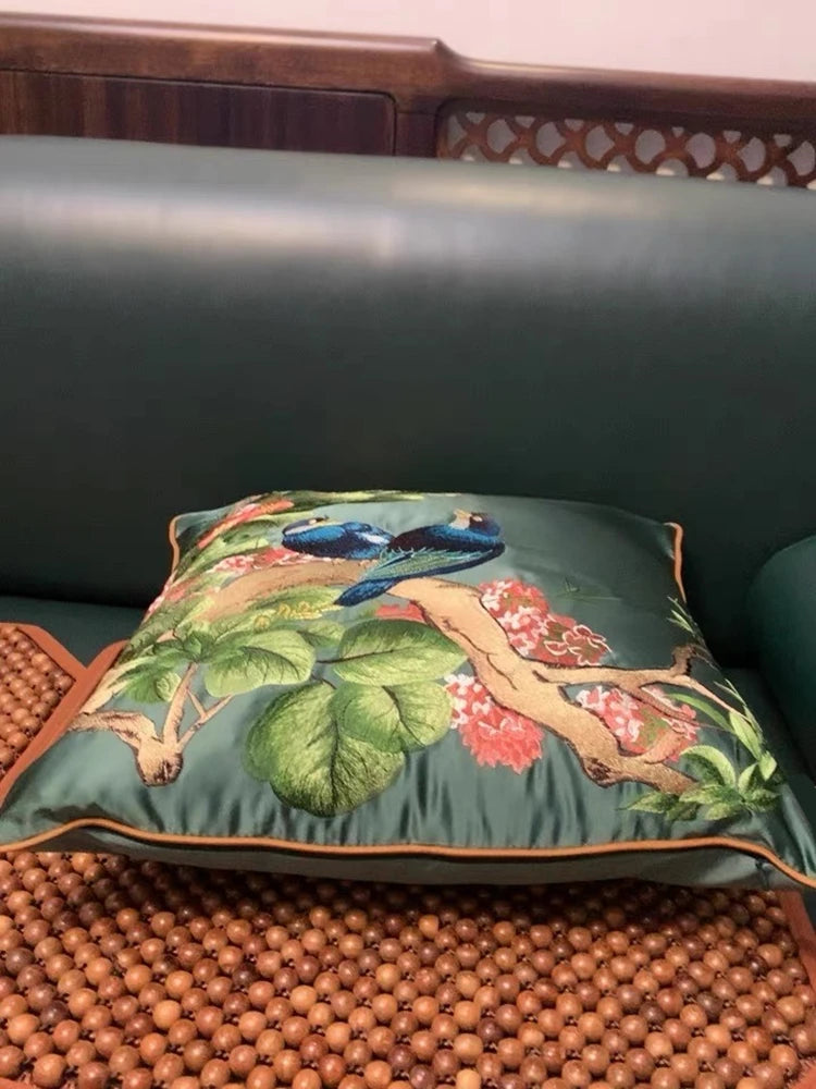 Luxurious Embroidered Silk-like 2 Magpies Square Home Sofa Decorative Pillow Case 3 Colors No Insert 18x18" 1 Piece Pack