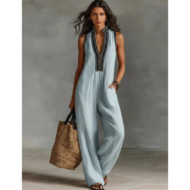 Polyester Printed Jumpsuit — Black | KIMLUD