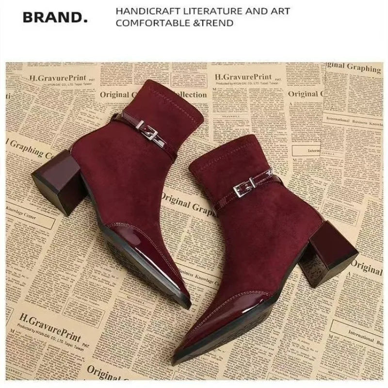 Square Toe Women's Retro Suede Skinny Boots 2025 Spliced Ankle Boots