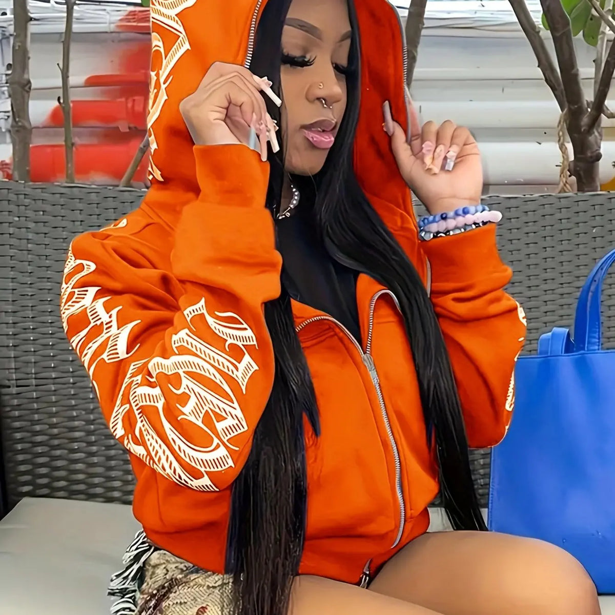 Hoodie Sweatshirt – Letter Print Zip Up – Polyester Spandex | KIMLUD