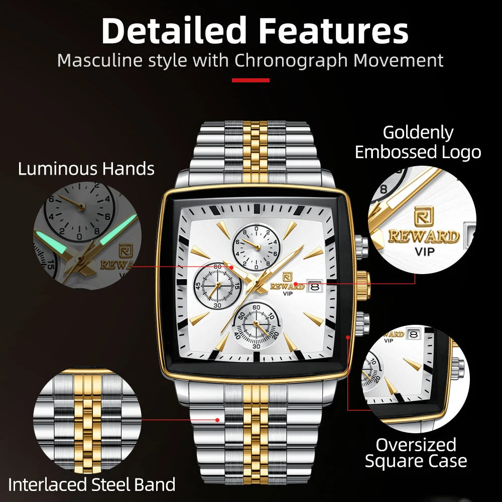 REWARD Fashion Square Dial Watch for Men Stainless Steel Waterproof Quartz Chronograph Mens Watches Luxury Sport Male Clock
