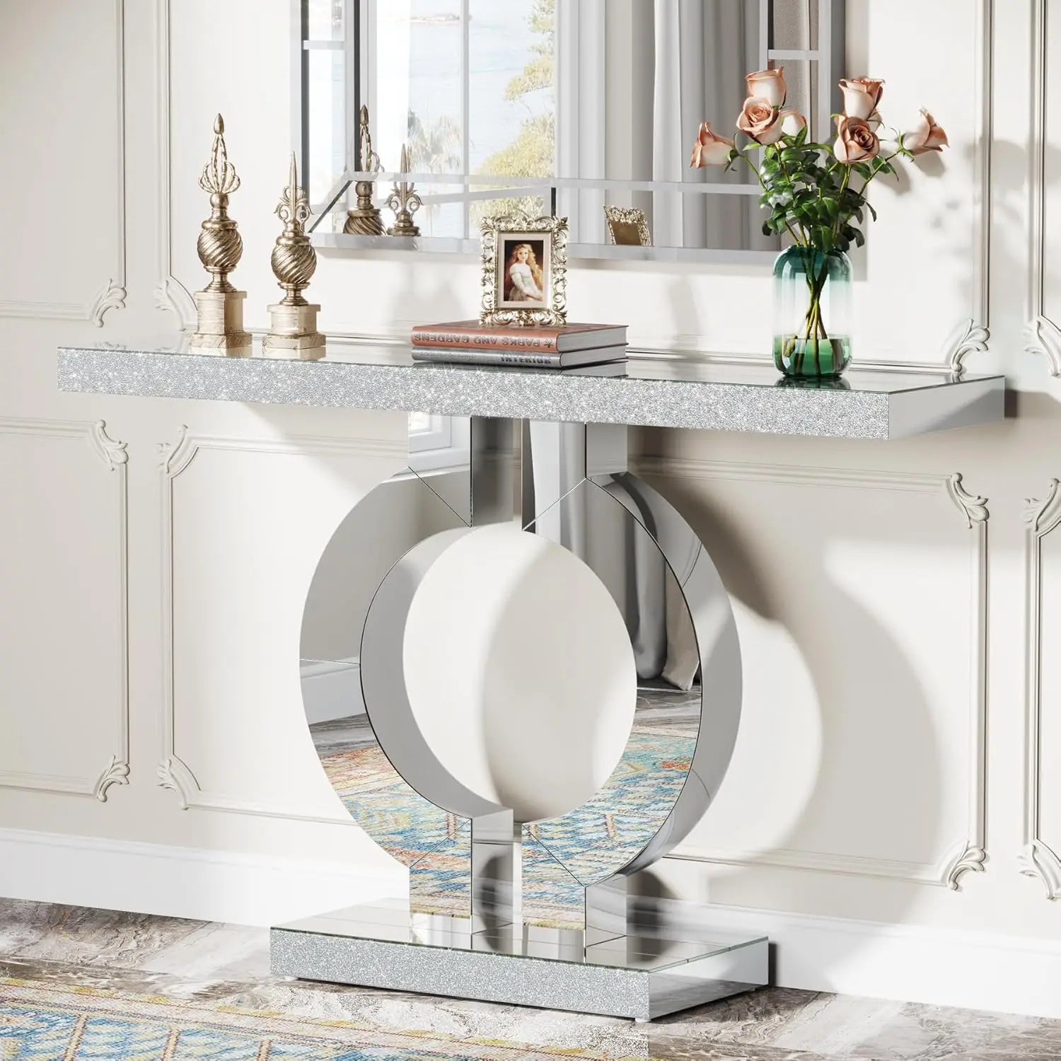 Mirrored Console Table with O-Shaped Base, Entryway Table Glass Sofa Table with Mirror Finish, Rectangle Accent Foyer Table