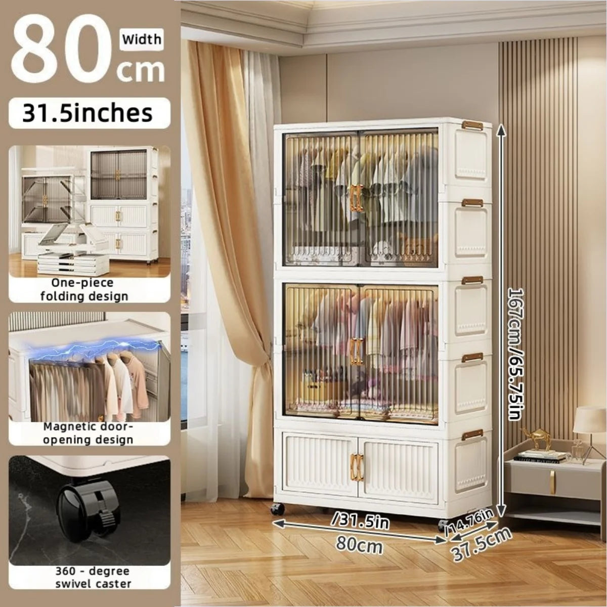 80cm no-installation folding storage cabinet, bedroom children's wardrobe, multi-layer storage box with wheels