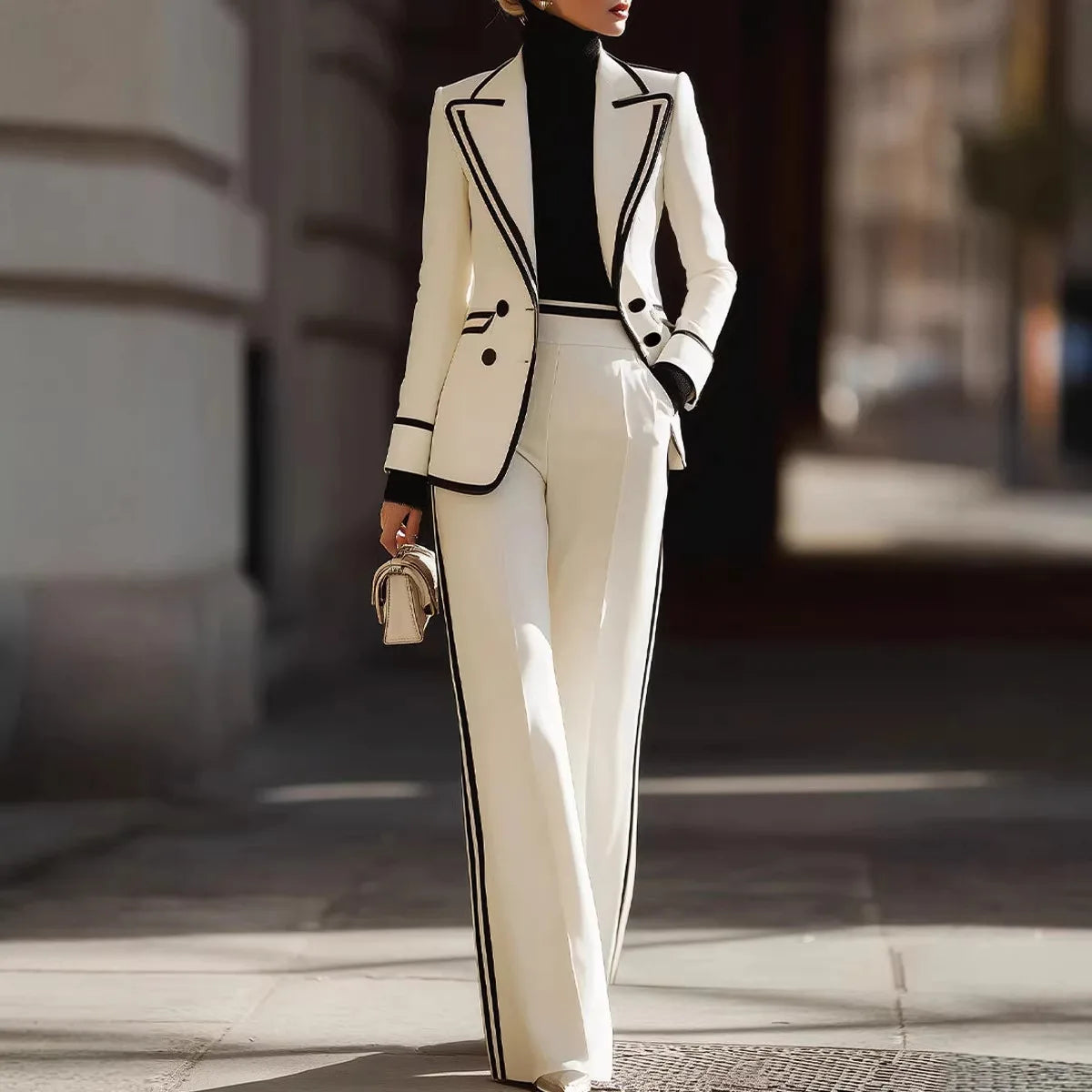 Laminated Polyester Suit Set With Lapel Double Breasted Finishes — White | KIMLUD