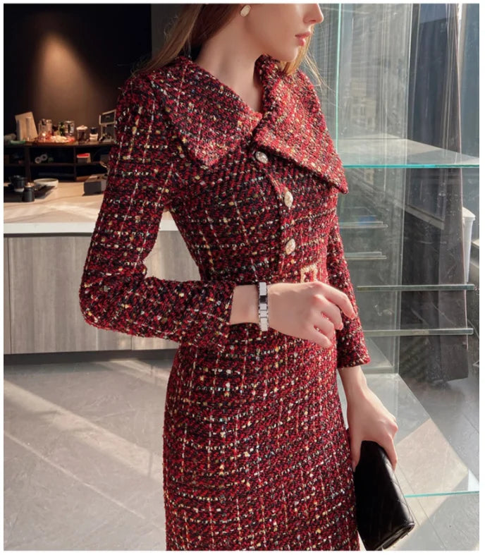 Tweed Dress Asymmetric Large Lapel Slimming — Black | KIMLUD