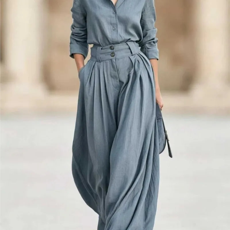 Two Piece Set – Lapel Shirt and Pleated Wide Leg Pants – Loose | KIMLUD
