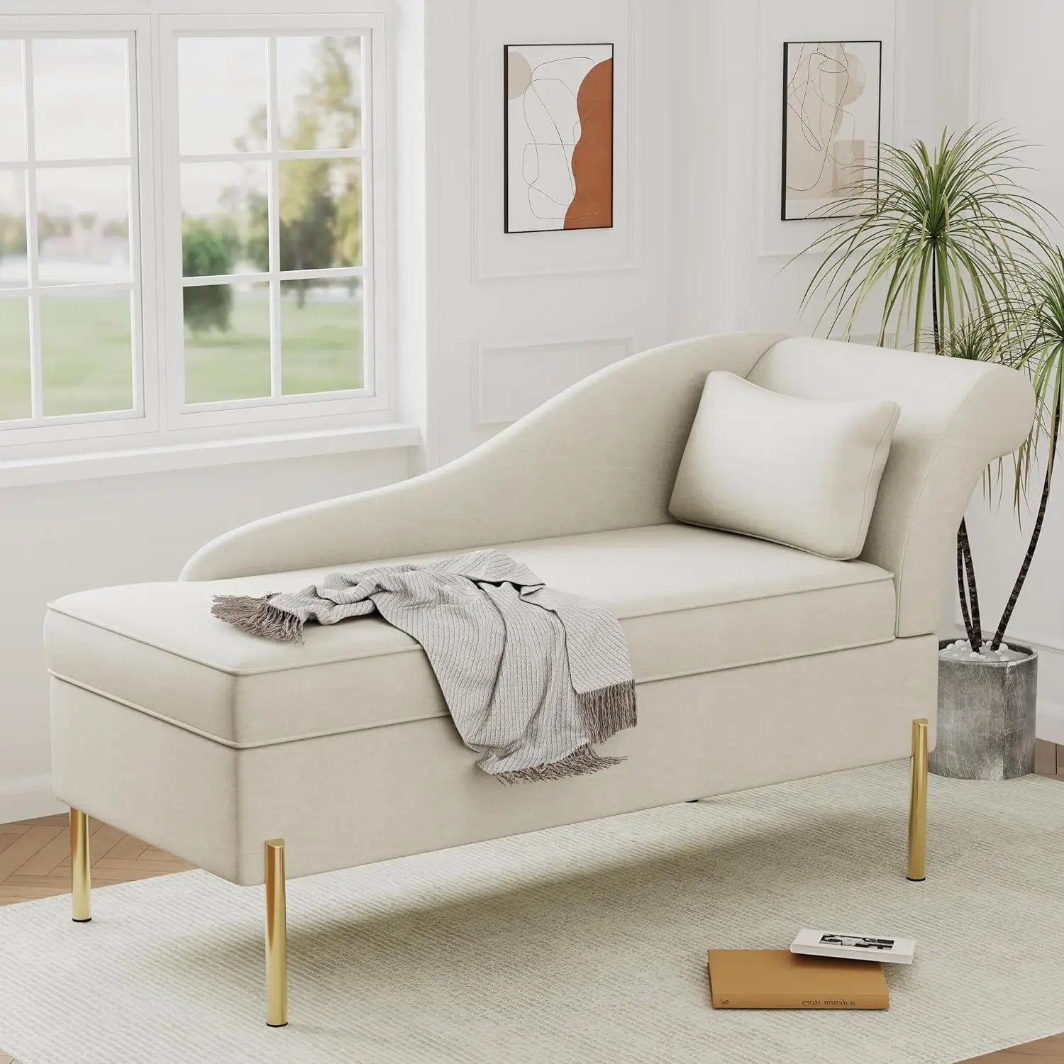 Velvet Chaise Lounge with Storage, Modern Upholstered Tufted Chaise Lounge Chair Indoor Sofa Recliner Couch for Bedroom Office