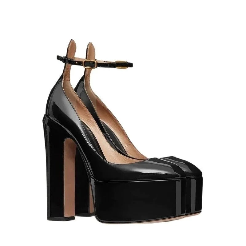 Patent Leather Platform Sandals Round Toe Ankle Buckle — Black | KIMLUD