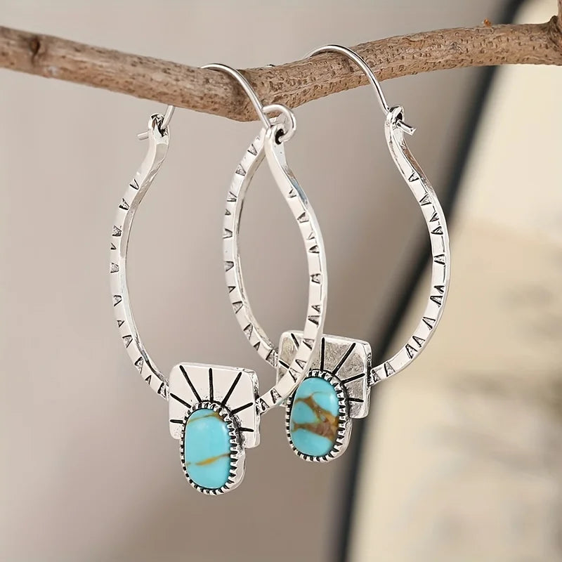 Boho-Chic Hoop Earrings - Silvery Plated, Synthetic Gemstone Inlay, Zinc Alloy - Perfect for Casual Attire & Gifting