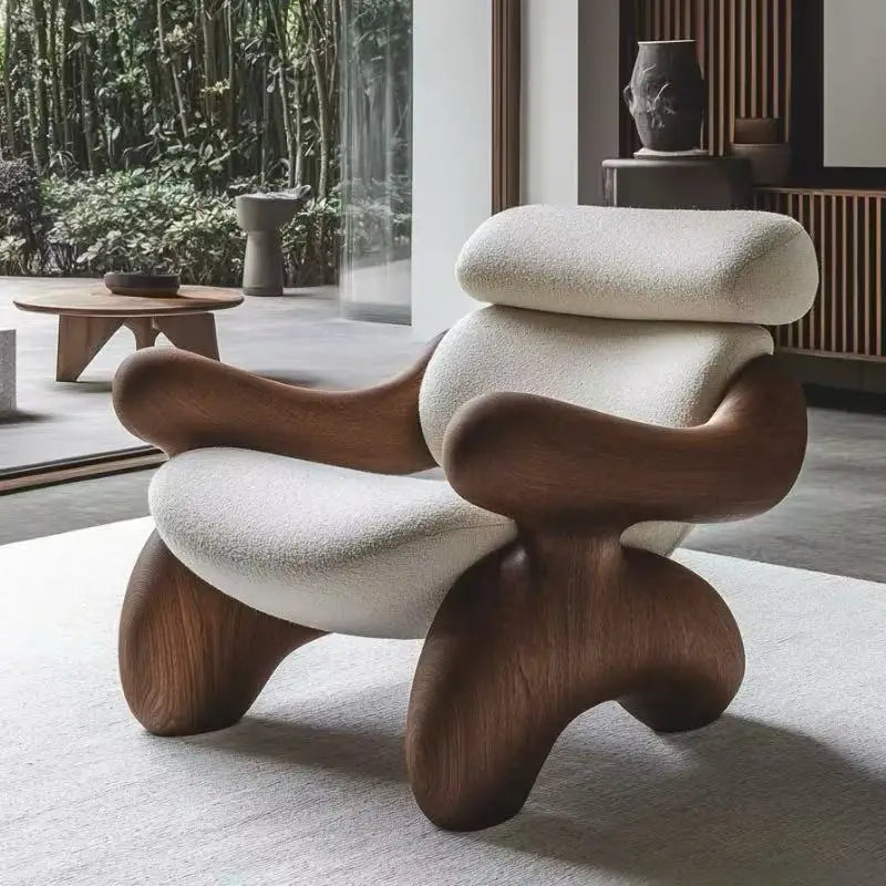 Italian Wooden Armchair Ergonomic Comfort — Beige | KIMLUD
