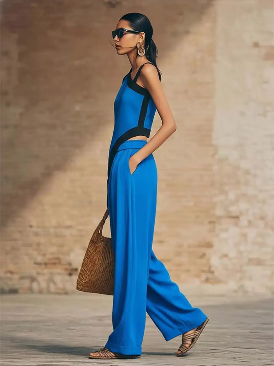 Wide Leg Color Block Pants And Top Set — Black | KIMLUD