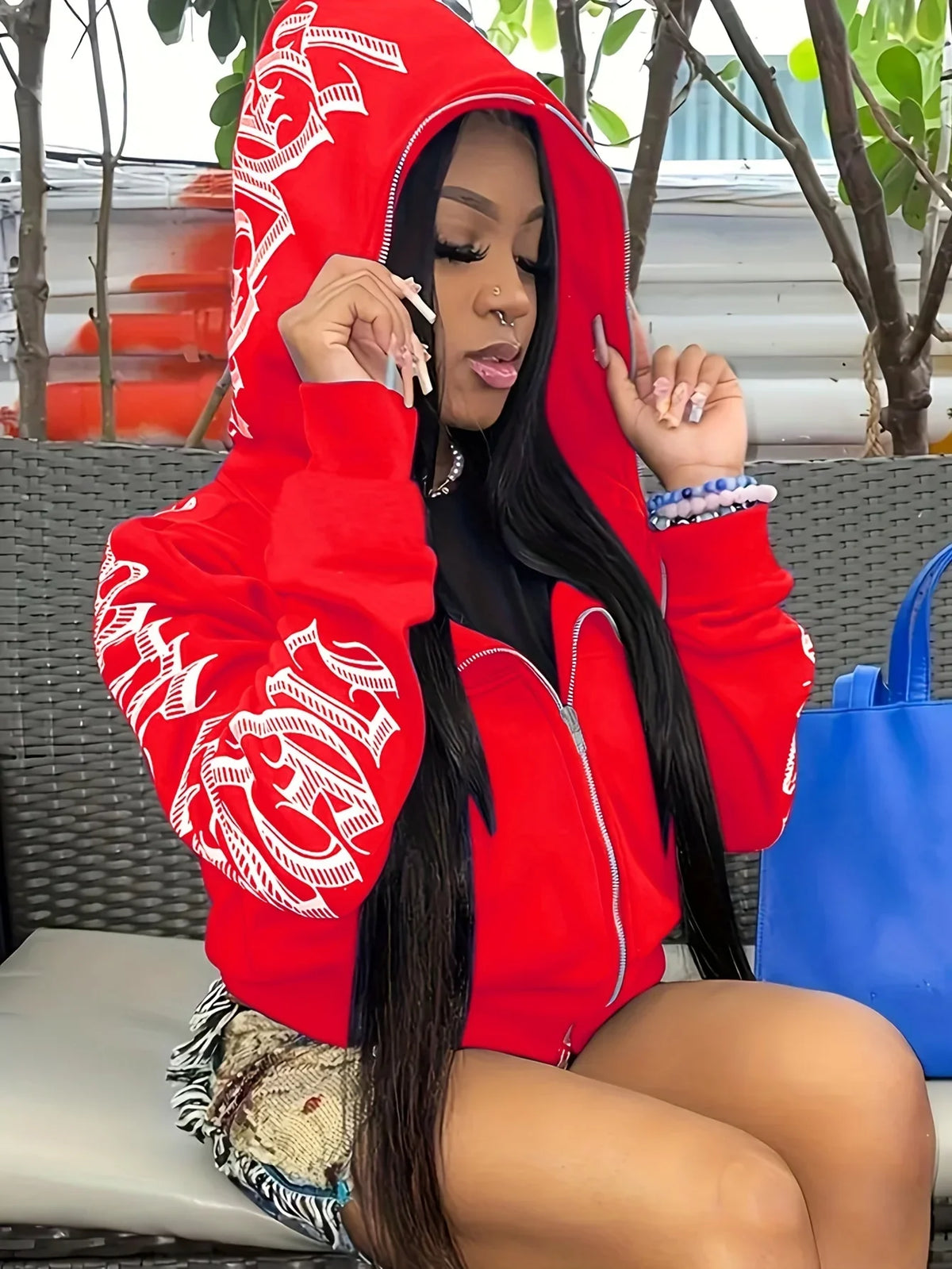 Hoodie Sweatshirt – Letter Print Zip Up – Polyester Spandex | KIMLUD
