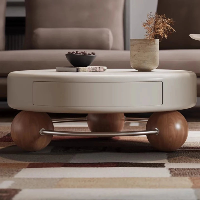 Wood Modern Round Coffee Table With Storage — Ivory | KIMLUD