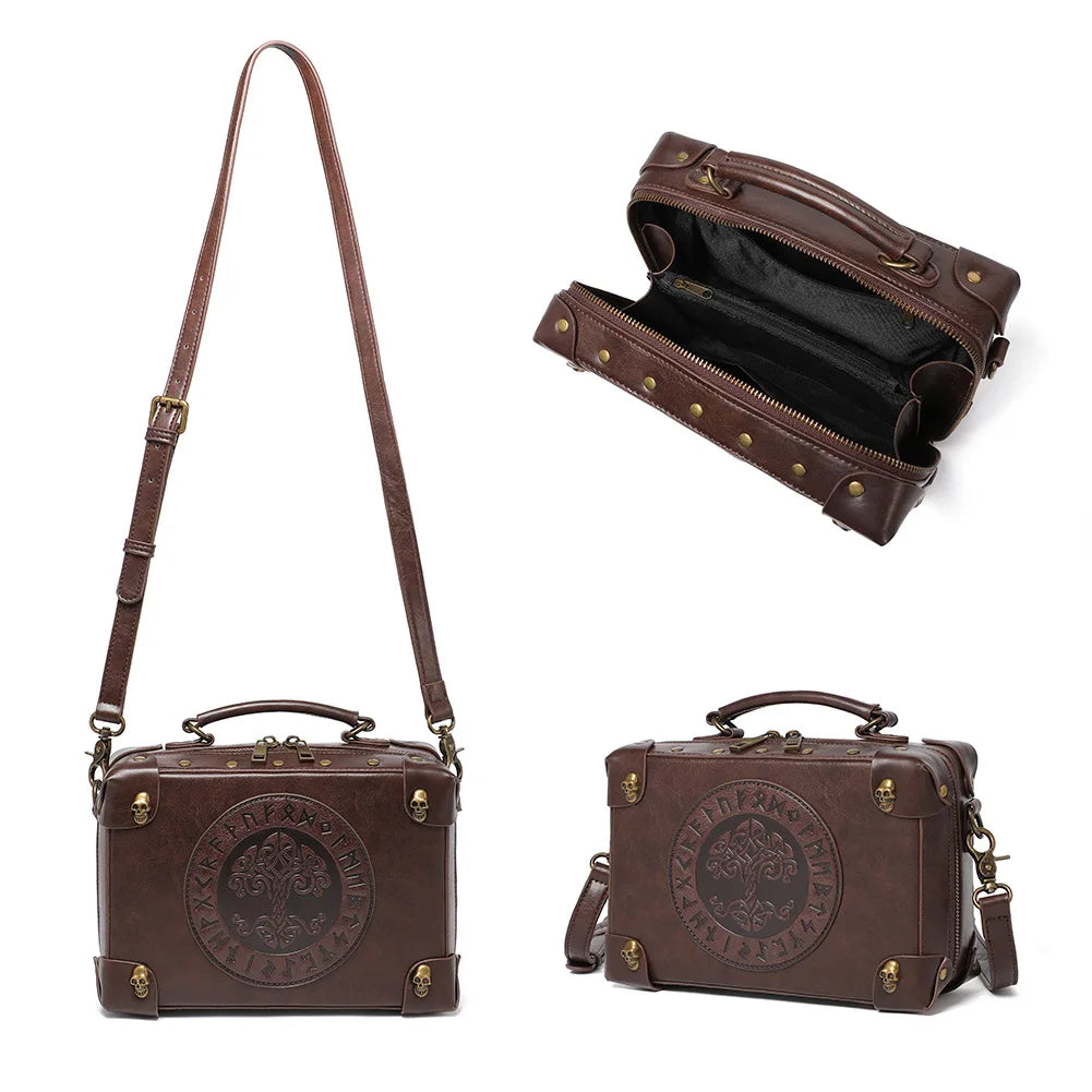 Medieval Renaissance Punk Box Bag Skull Studs — Warm Brown | KIMLUD
