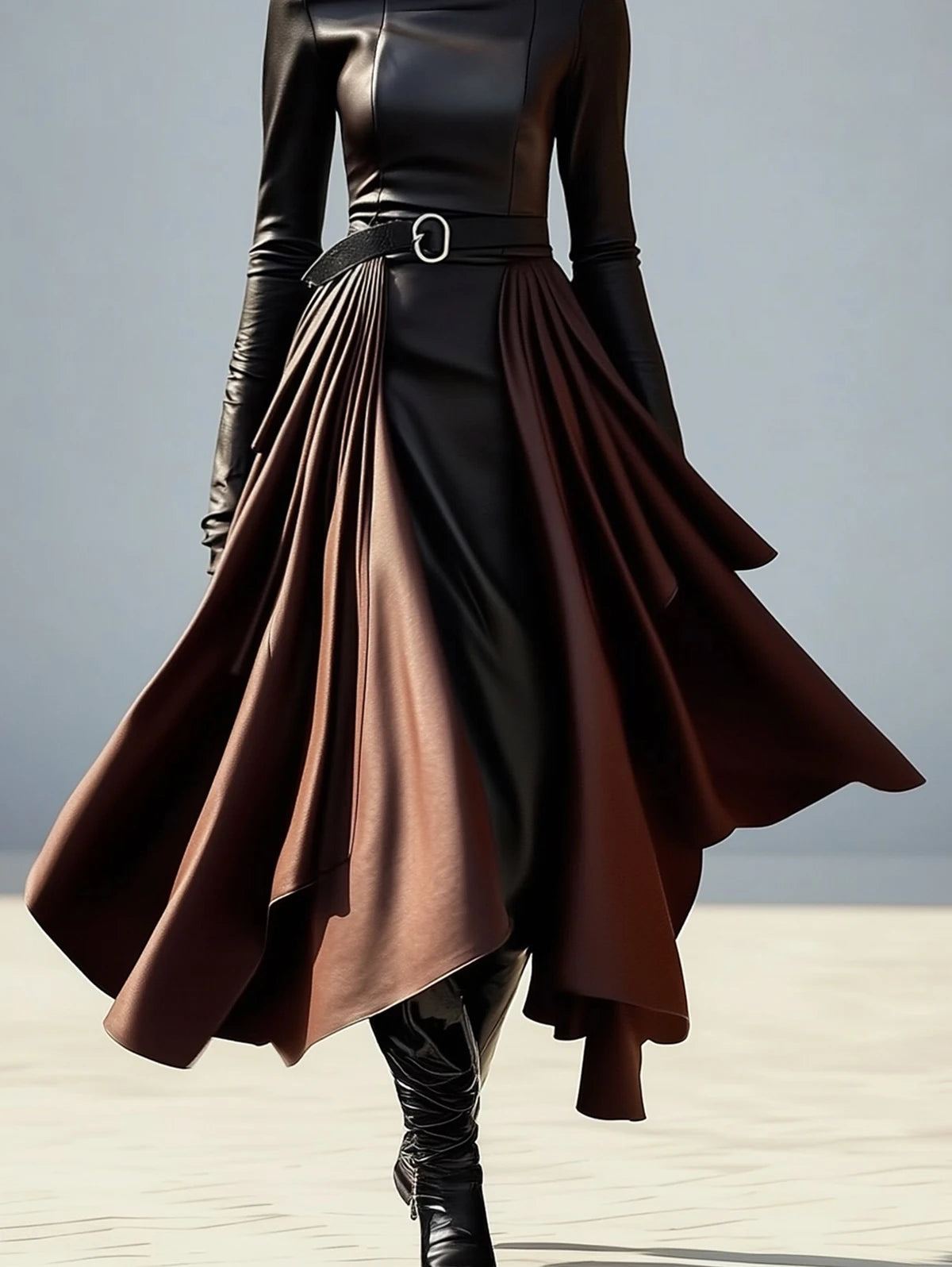 New Style One Piece Dress High Neck Irregular Hem Belt Faux PU Leather Midi Dress Women Slim Fit High-End Fashion Party Wear