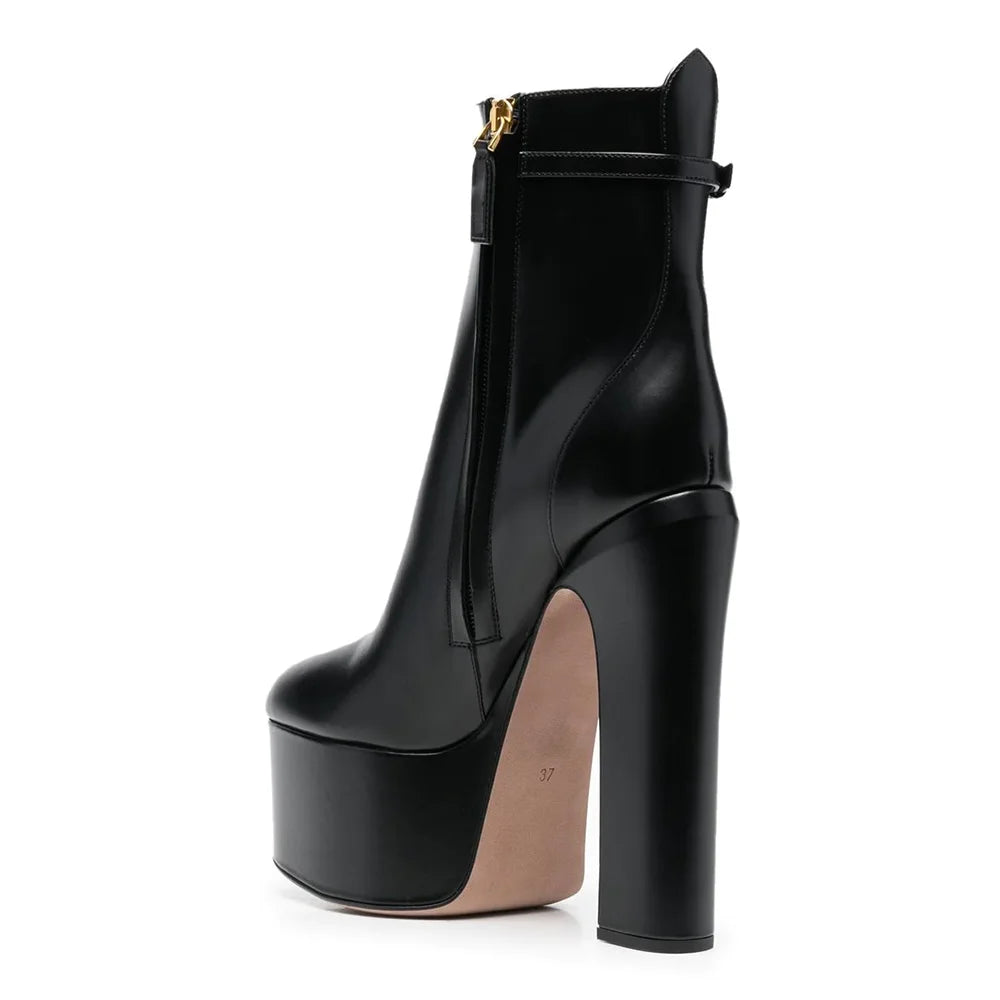 Aucegi Delicate Women Round Toe Platform Chunky High Heel Ankel Boots Fashion Genuine Leather Side Zipper Dress Handmade Shoes