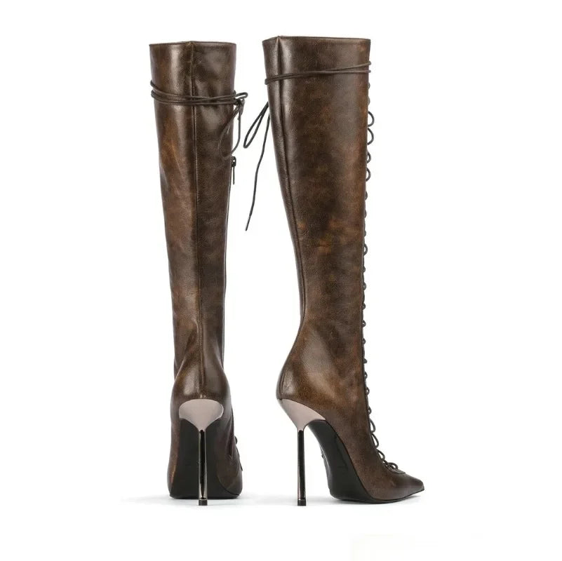 Lace-Up Leather Cross-Strap Knee High Boots — Brown | KIMLUD