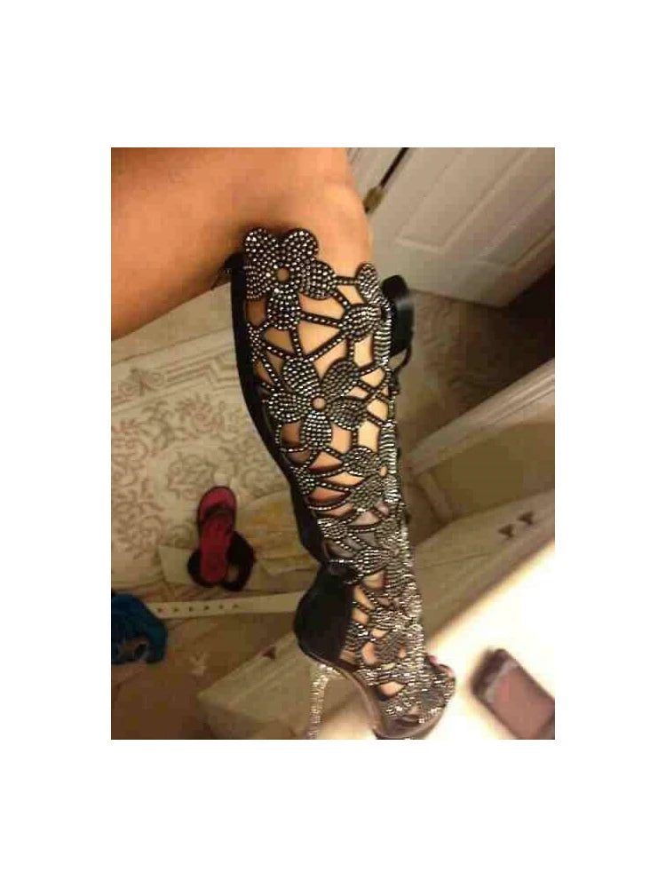 Knee-High Boots – Rhinestone Embellishment – Hollow Out – | KIMLUD