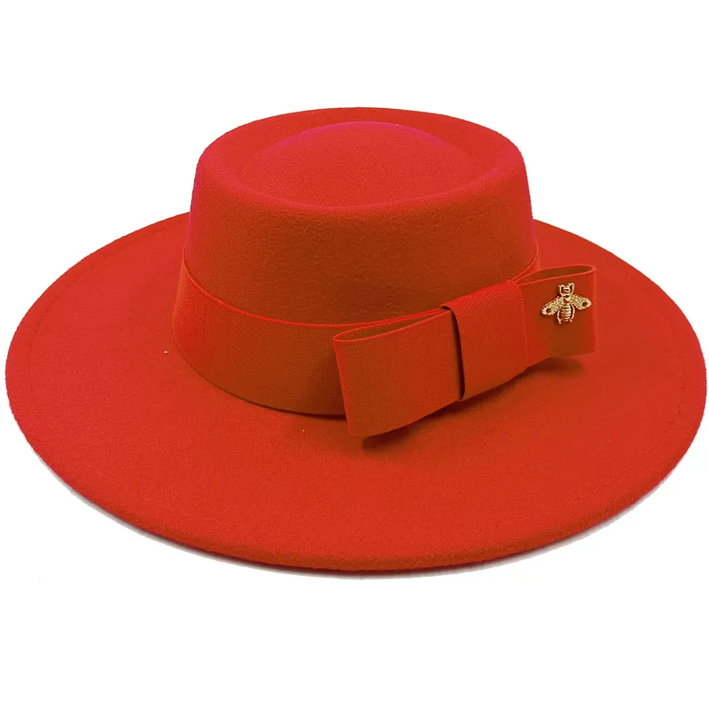 Wholesale Fedora hats Winter round concave convex surface flat top bow elastic ribbon men&#39;s and women&#39;s felt jazz hats Fedora - KIMLUD