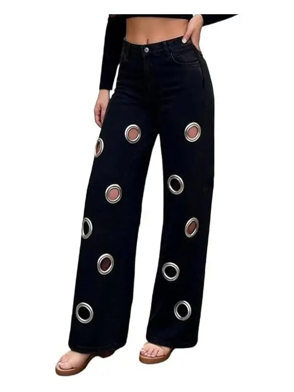 Pants High Waist Hollow Out Pants & Leggings Denim Straight Leg — Blue | KIMLUD