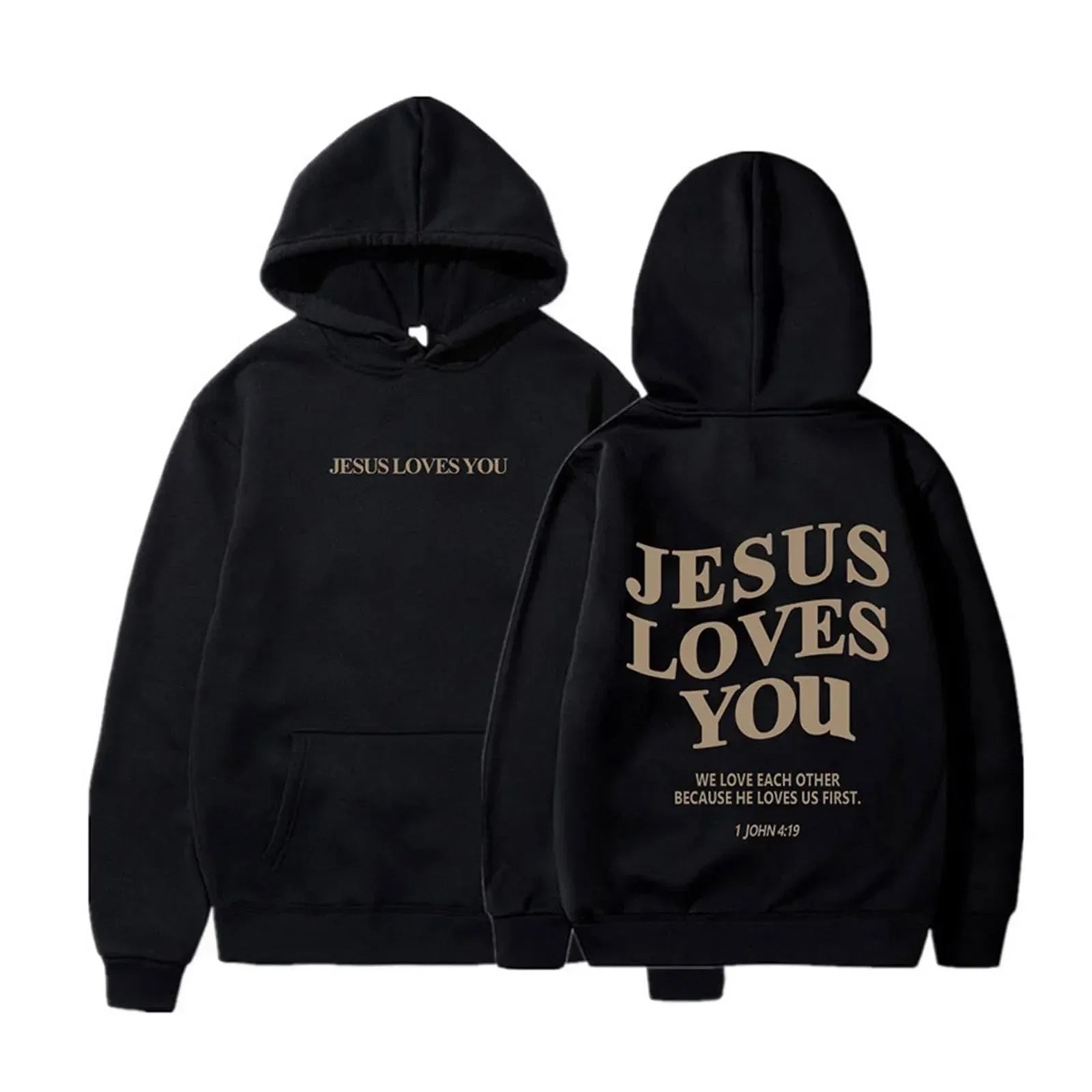 Pullover Hoodie - Jesus Loves You Print - Cotton-Polyester | KIMLUD