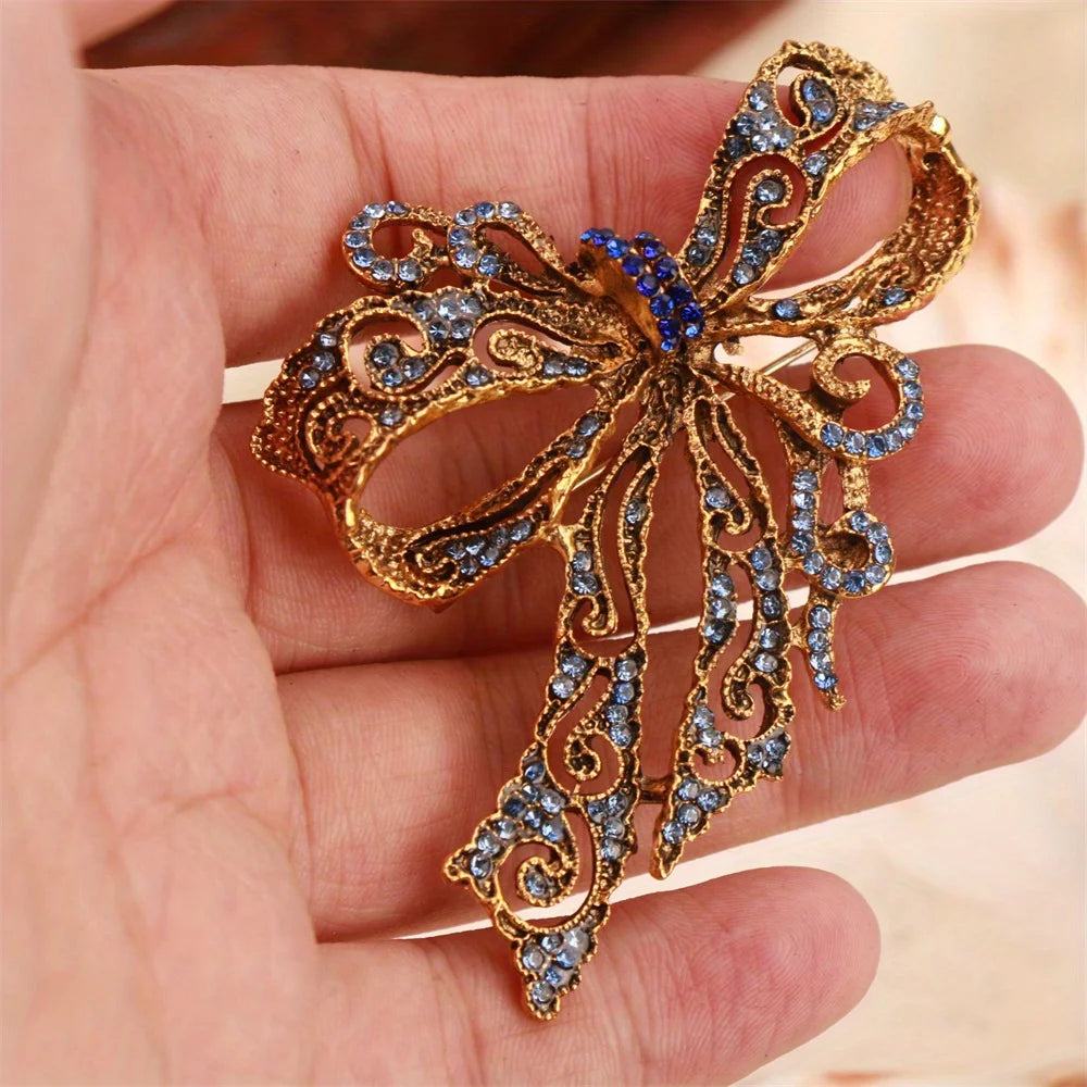 Baroque Bow Brooch Gold-Tone Finish — Blue Crystal Pavé | KIMLUD