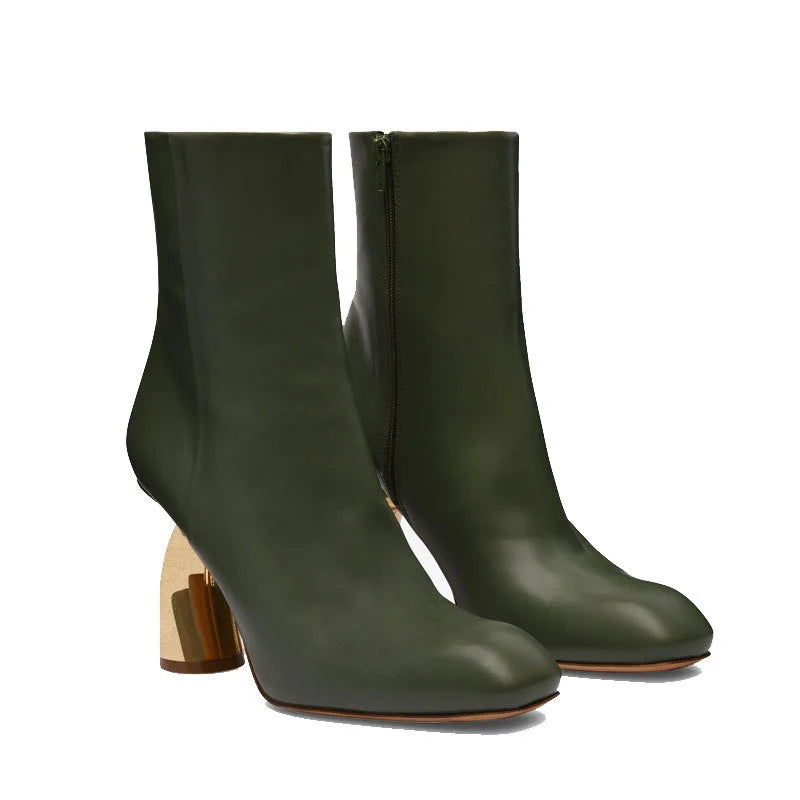 Metallic Ankle Boots Square Toe — Forest Green | KIMLUD