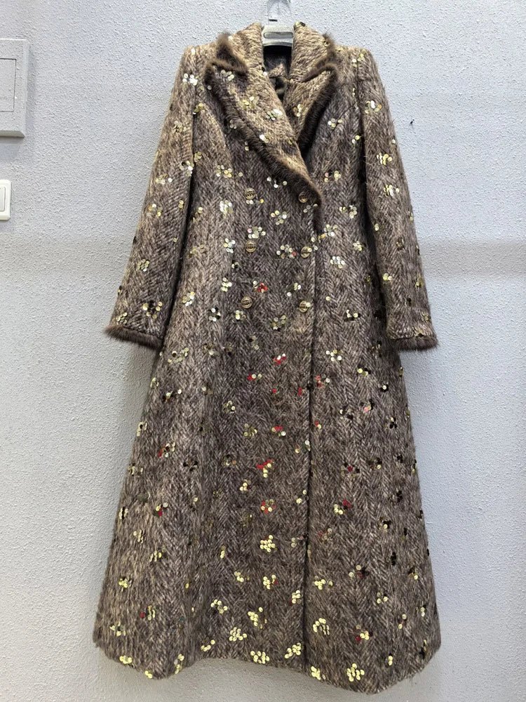 IEQJ Fashion Autumn Winter Woolen Coat Women Turn-Down Collar Fur EdgeDouble Breasted Long Sleeves Sequins Slim Blends Coat New