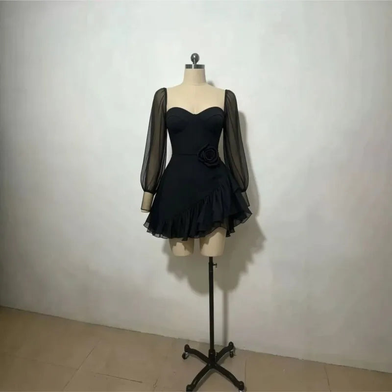 Mini Dress – V-Neck Sheer Long Puff Sleeves – Polyester | KIMLUD