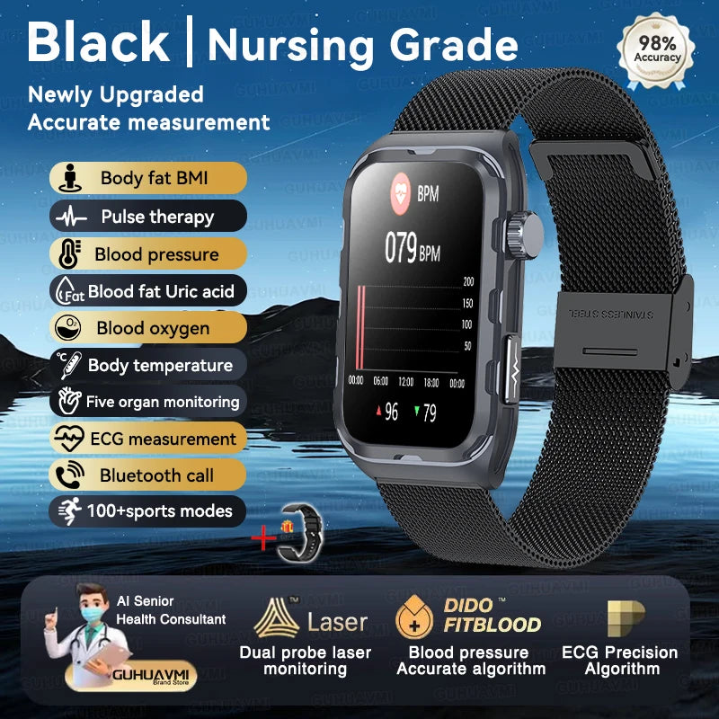 2025 New Nursing Grade ECG+PPG Pulse therapy Smartwatch Men Blood lipid Uric acid Bluetooth call Health Bracelet For Android iOS