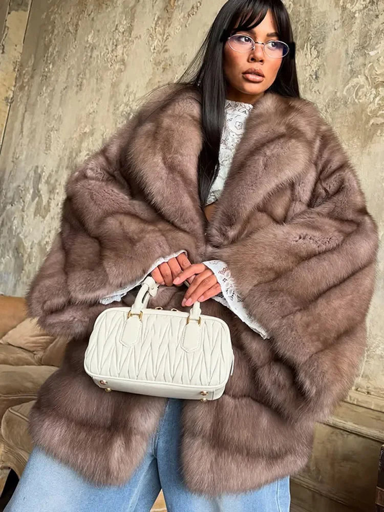 Women Patchwork Faux Fur Coat Elegant Contrast Full Sleeve Lapel Loose Long Staple Plush Jacket Winter High Street Outerwears