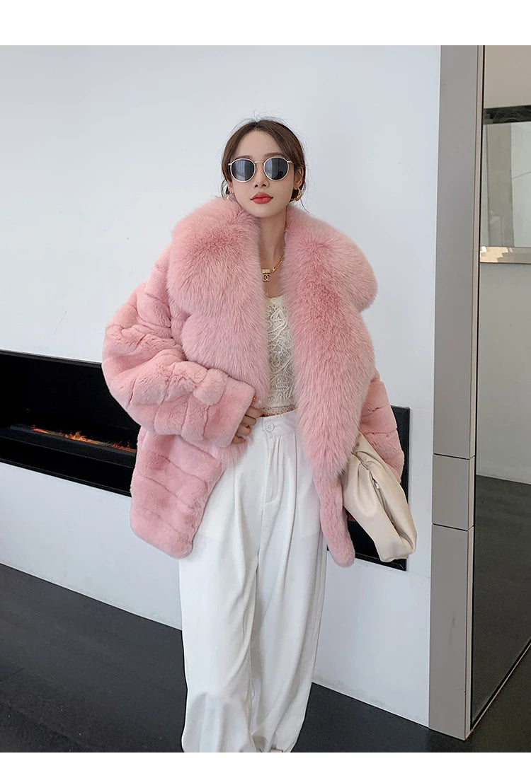 Winter Women Real Rex Rabbit Fur Coat 100% Natural Fur Jacket with Large Silver Fox Fur Collar Luxury Streetwear