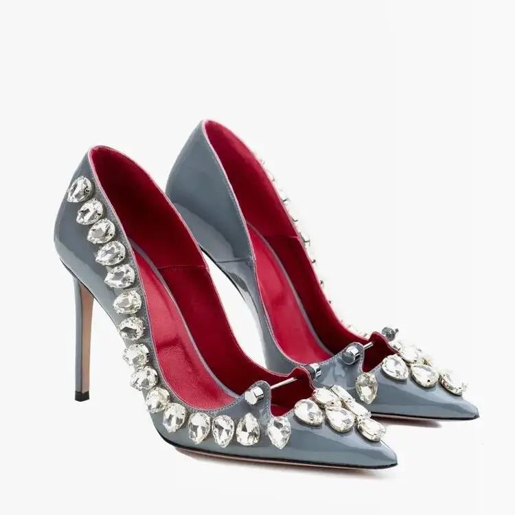 Crystal Embellished Patent Leather Pumps Crystal Trim — Black | KIMLUD