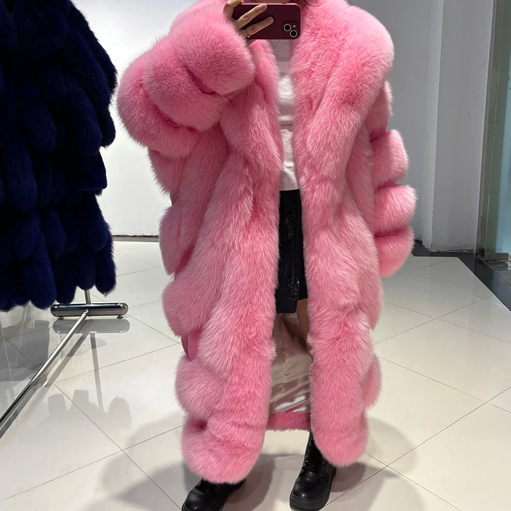 YOLOAgain 2025 Winter Warm Luxury Real Fox Fur Coat Women Pink Fox Fur Jacket Long