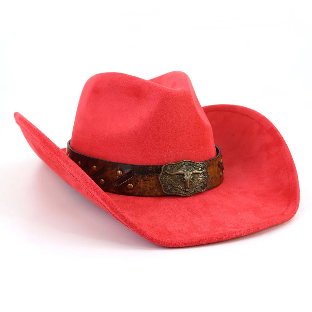 Leather Band Suede Cowboy Hat Big Brim Bull's Head — Brown | KIMLUD