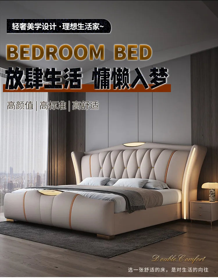 Leather Bed Frame With Lit Headboard — Ivory-Beige | KIMLUD