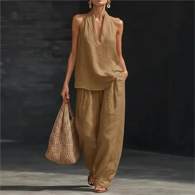 Two Piece Set – Sleeveless V Neck Top and Wide Leg Pants – Broadcloth | KIMLUD