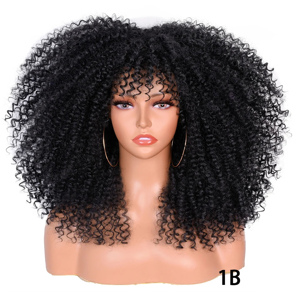 Afro Kinky Curly Hair Wigs With Bangs — Natural Brown Mixed | KIMLUD