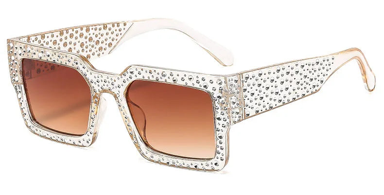 Plastic Diamond-Studded Square Sunglasses — Black | KIMLUD