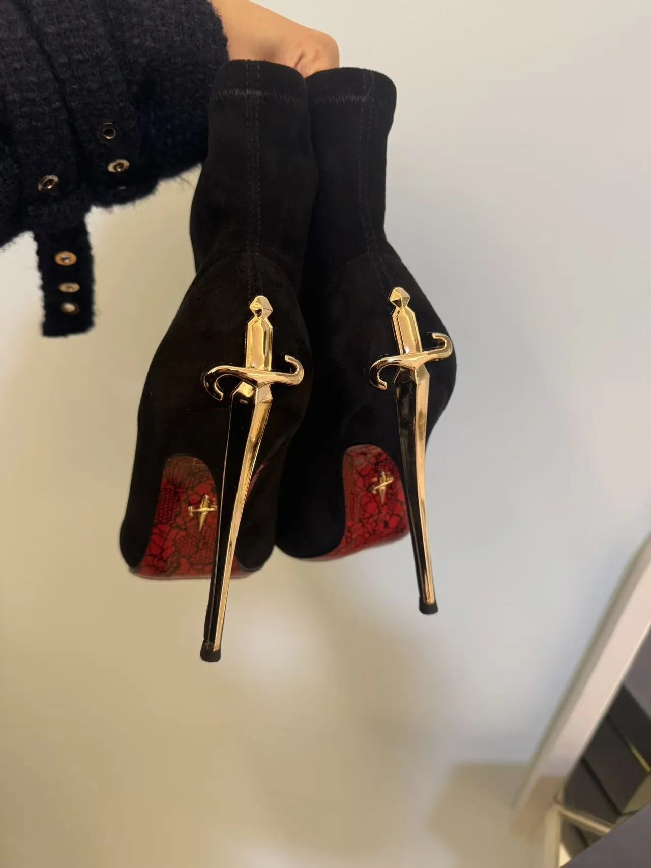 Velvet Boots "High Heel Ankle Boots" Winter — Red | KIMLUD